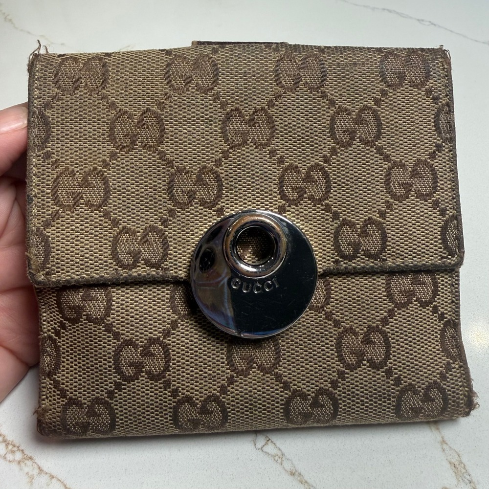 Vintage Gucci GG Monogram Canvas Wallet Brown Leather Project TLC